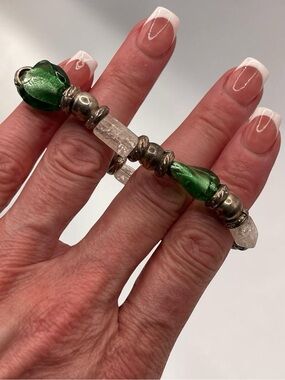 Quartz & Green Art Glass Bracelet 925 Toggle 6.5"
